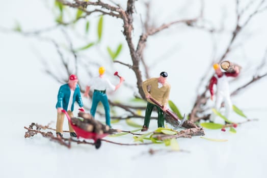 Miniature lumberjack working together in felling and cutting trees close up