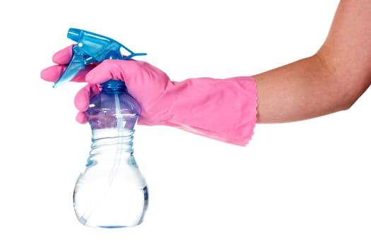 Hand in rubber glove holding plastic sprayer. Isolated on white background