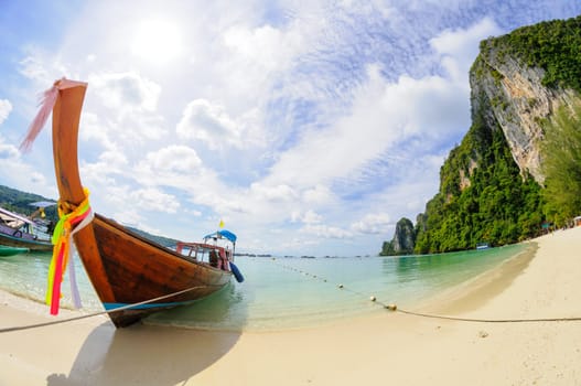 Tropical beach, traditional long tail boat, Poda Bay, Thailand