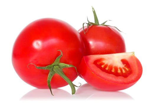 Tomato vegetables pile with reflection on white background