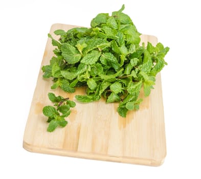 three fresh mint leaves isolated on white background. Studio macro