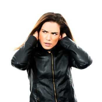 pretty stressed young woman with leather jacket