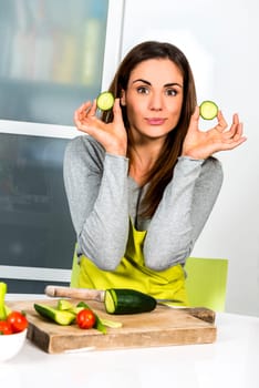 Young Woman Cooking. Healthy Food - Vegetable Salad. Diet. Dieting Concept. Healthy Lifestyle. Cooking At Home. Prepare Food