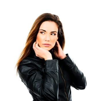 pretty young woman with leather jacket