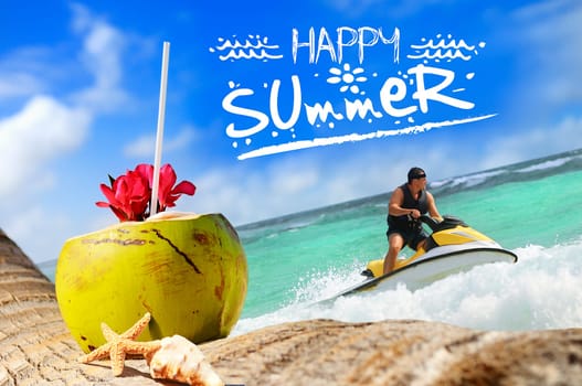 Coconut with drinking straw on a palm tree at the sea, men, jetski, recreation, transporation,scooter