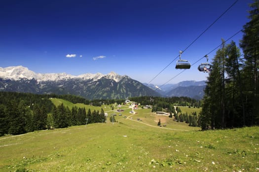Austria large panorama of the mountains with wagons
