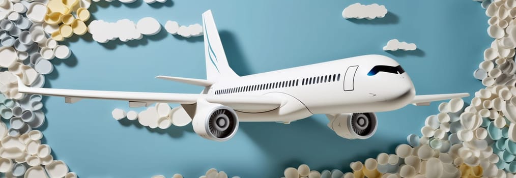 journey holiday background toy blue passenger aviation fly plane jet air business white airplane top flight red aircraft creative commercial aeroplane. Generative AI.