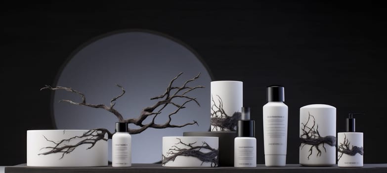 background composition cosmetic product concept tree template wooden layout bottle art decoration branch natural dais tree beauty minimalist empty nature dark sale. Generative AI.