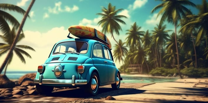 travel palm tourism surfing car tropical beach retro summer trip background vintage art concept road tree vacation poster sand ocean. Generative AI.