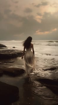 woman sky ai beach summer coast storm body ocean vacation beauty travel landscape back white walking dress sea wedding cloud nature. Generative AI.