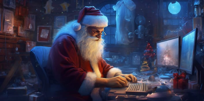 online design concept christmas home cheerful family happy merry holiday house laptop character gift cyberspace communication male celebration santa tree. Generative AI.