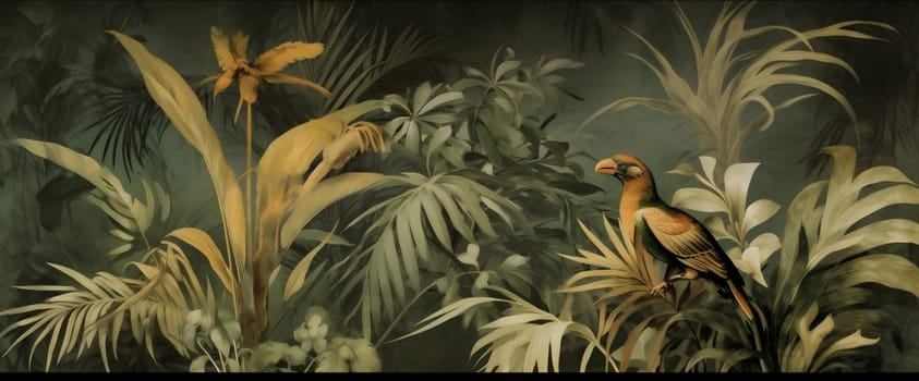 painting vintage rainforest pattern hawaii exotic art wallpaper background interior artwork seamless palm jungle flower bird nature tropical forest leaf. Generative AI.