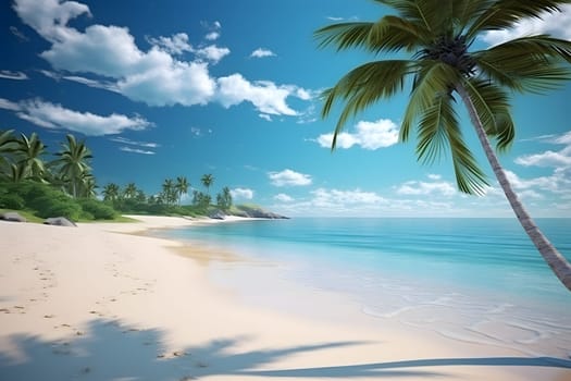 tropical beach view at sunny day with white sand, turquoise water and palm tree. Neural network generated image. Not based on any actual scene or pattern.