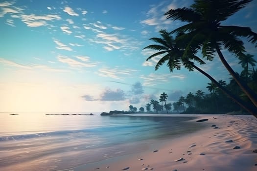 wild tropical paradise beach view at sunny evening with white sand and palm trees. Neural network generated image. Not based on any actual scene or pattern.