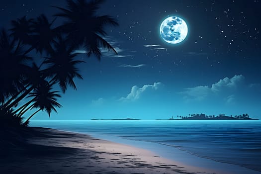 tropical beach view with white sand, turquoise water and palm tree at full moon night. Neural network generated photorealistic image. Not based on any actual scene or pattern.