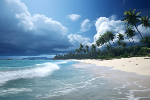 tropical beach view with white sand, turquoise water and palm tree at stormy day. Neural network generated photorealistic image. Not based on any actual scene or pattern.