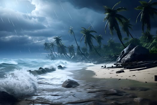 tropical paradise beach view with white sand, turquoise water and palm tree at stormy day. Neural network generated photorealistic image. Not based on any actual scene or pattern.
