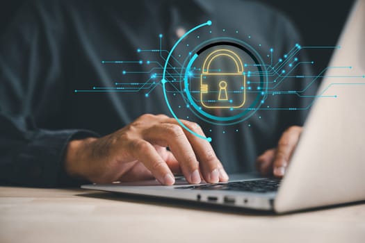 Prioritize data protection and privacy in the digital age. Businessmen safeguard personal information on laptops and virtual interfaces with shield lock icons and advanced network security technology.