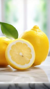 Fresh lemons on a table with a leaf