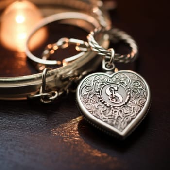 A silver heart shaped keychain with a charm attached