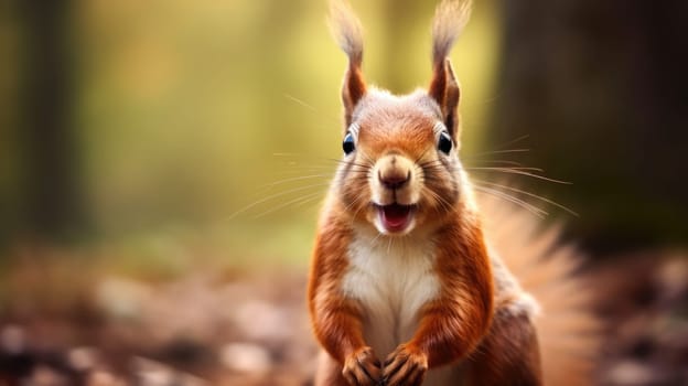 A squirrel is standing in the woods with its mouth open