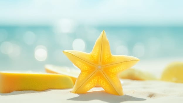 A starfish and a slice of lemon on a sandy beach