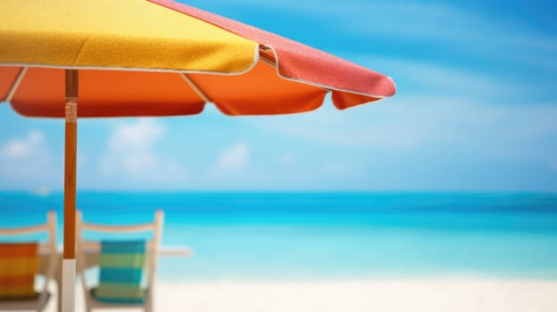 A beach umbrella and chairs on a sandy beach