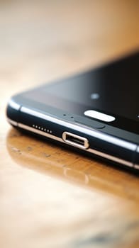 A close up of a black smartphone on a wooden table