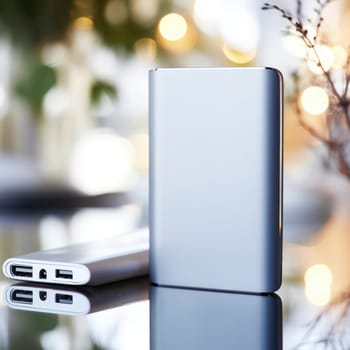 A silver power bank is sitting on a table