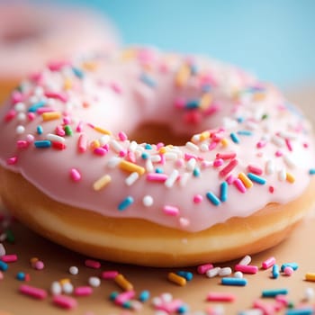 A close up of two donuts with pink frosting and sprinkles