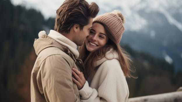 A man and woman are hugging in front of a mountain