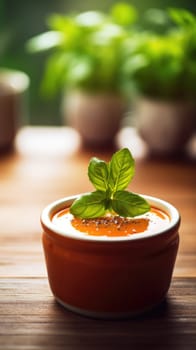 A bowl of tomato soup with basil leaves on top