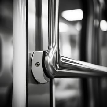 A black and white photo of a metal door handle