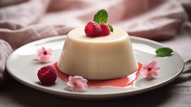 A dessert with raspberries on top of a plate