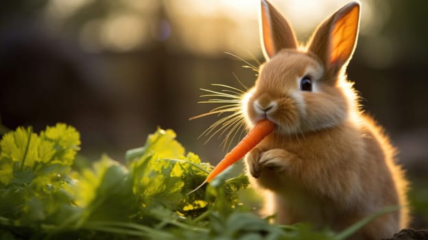 A cute little rabbit eating a carrot