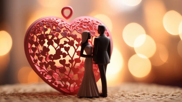A figurine of a bride and groom standing next to a heart shaped ornament