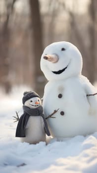 A snowman and a small child in the snow