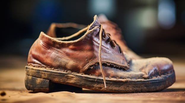 A dirty old shoe sitting on a wooden floor