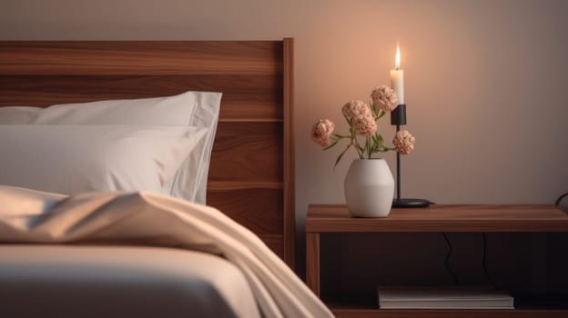 A bed with a white pillow and a vase of flowers