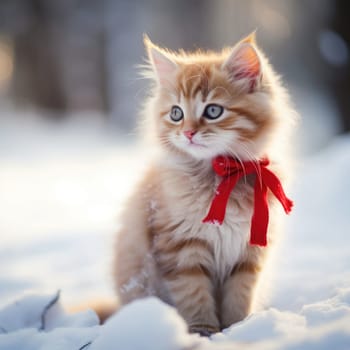 A kitten with a red bow sitting in the snow