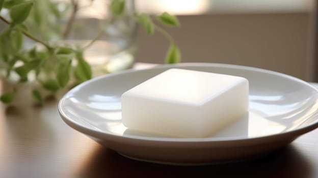 A white square of soap sits on a plate