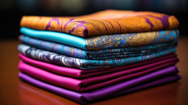 A stack of colorful folded cloths