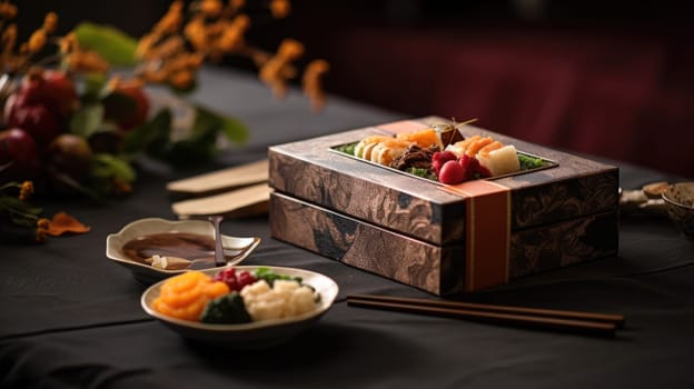 A wooden box with food on it and chopsticks