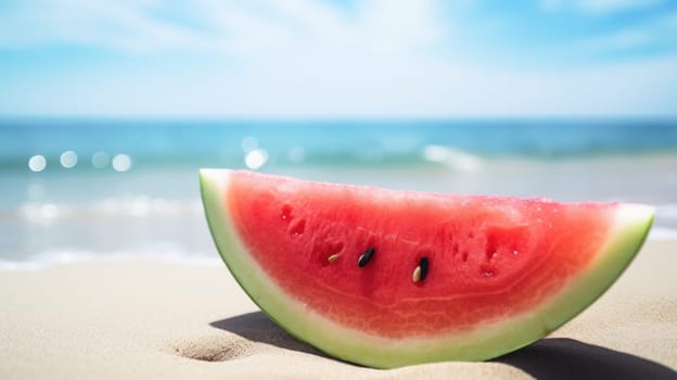 A slice of watermelon on the beach with the ocean in the background