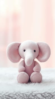A pink elephant toy sitting on a bed