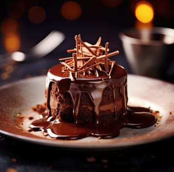 Chocolate cake with chocolate sauce on a plate