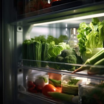 A refrigerator with vegetables and other food inside