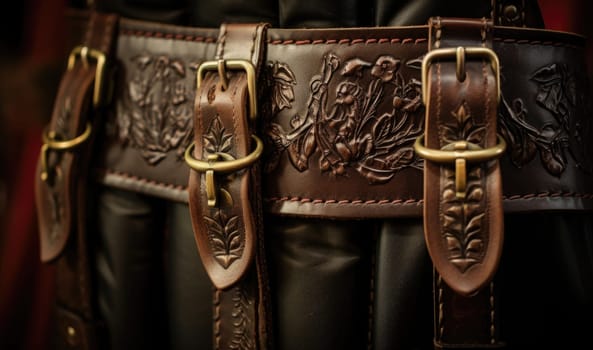 Close up of a leather belt with two gold buckles