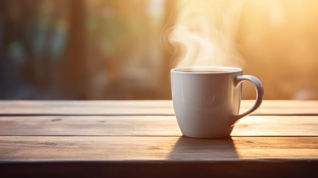 A cup of coffee on a wooden table with steam coming out of it