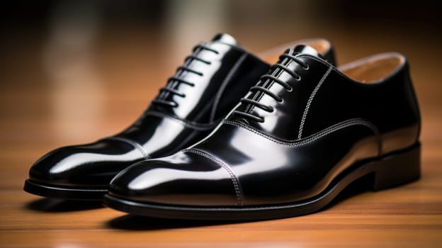 A pair of black dress shoes on a wooden floor
